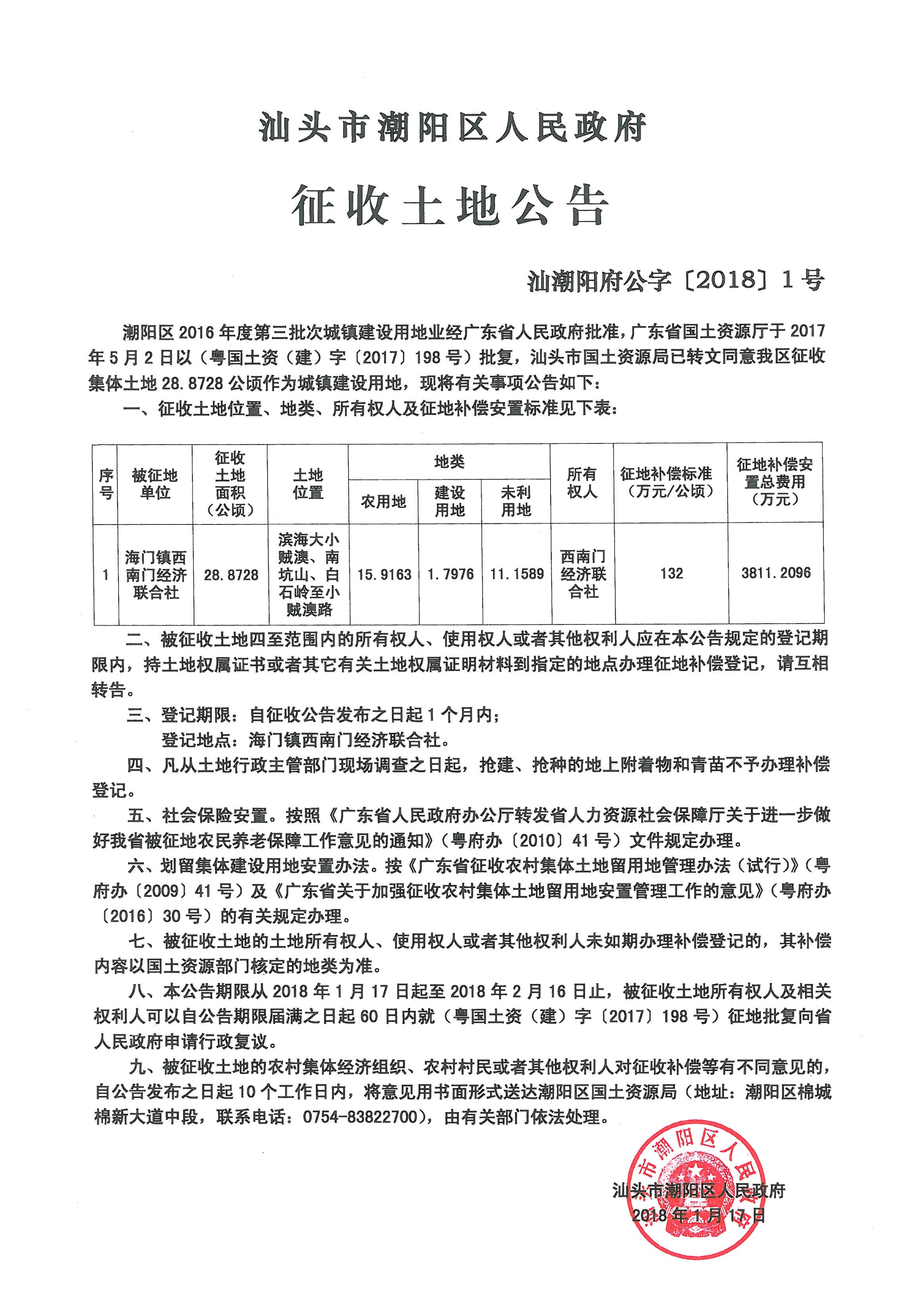 潮陽(yáng)區(qū)2016年度第三批次城鎮(zhèn)建設(shè)用地征收土地公告（汕潮陽(yáng)府公[2018]1號(hào)）